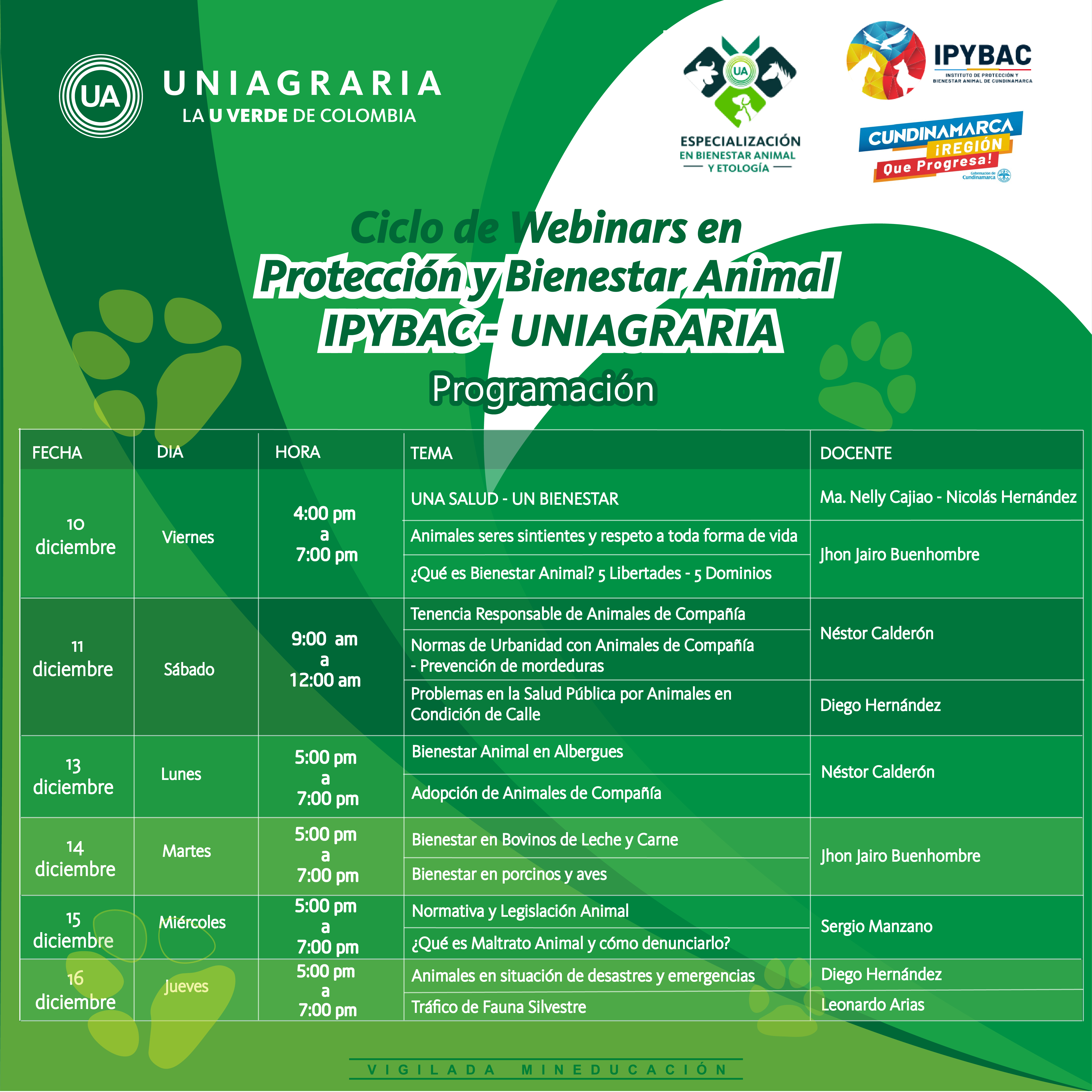 Ciclo de Webinars en Protección y Bienestar Animal IPYBAC – UNIAGRARIA