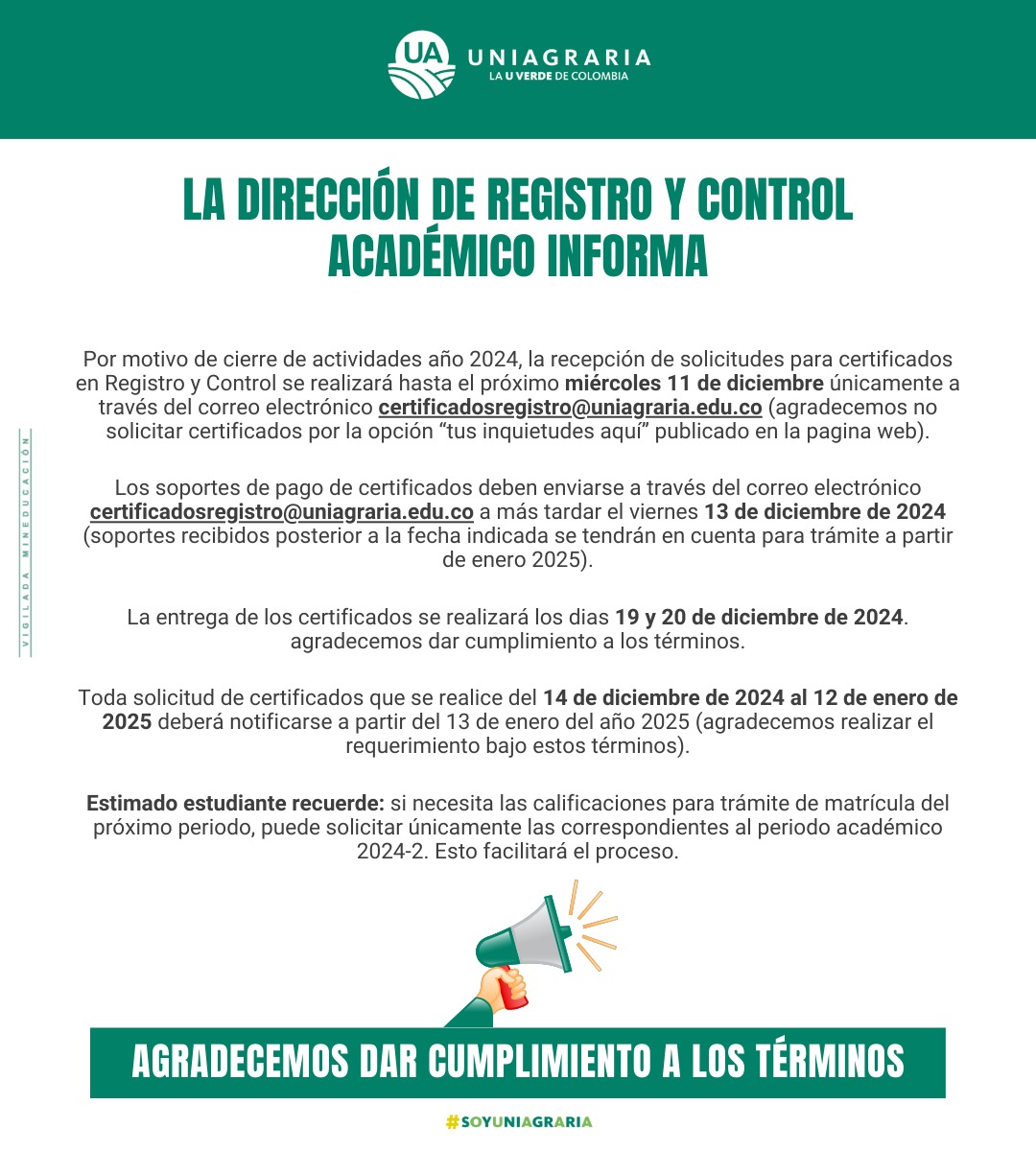 La Dirección de registro y control Académico informan