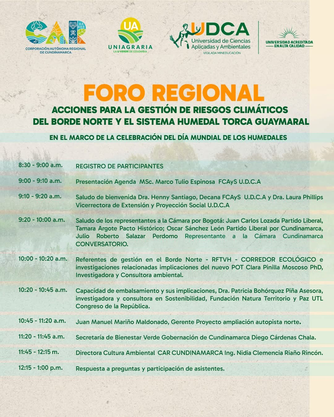 Foro regional – Acciones para la gestión de riesgos climáticos del borde norte y el sistema humedal torca Guaymaral